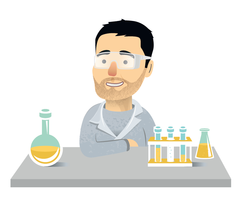 graphic of a scientist with a chemistry set
