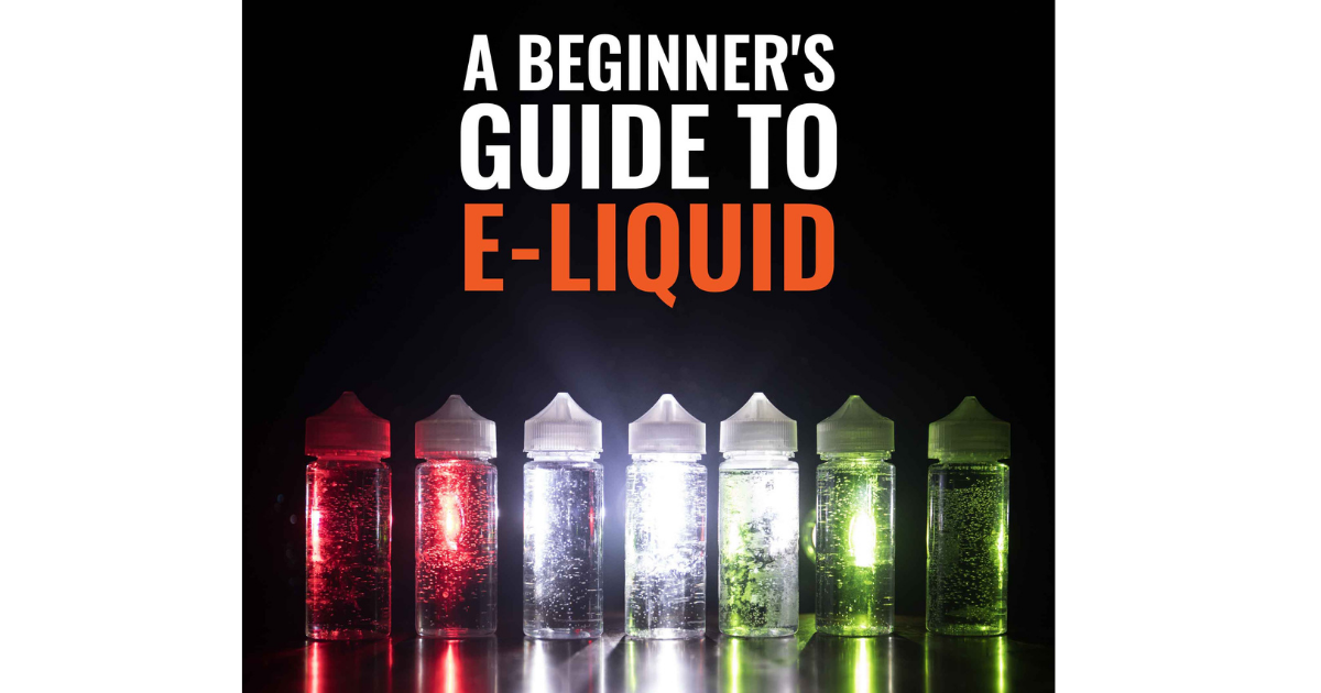 Seven clear bottles containing different coloured e-liquids.