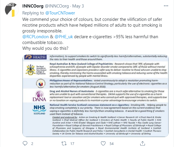 A tweet from INNCO responding to world anti vaping day.