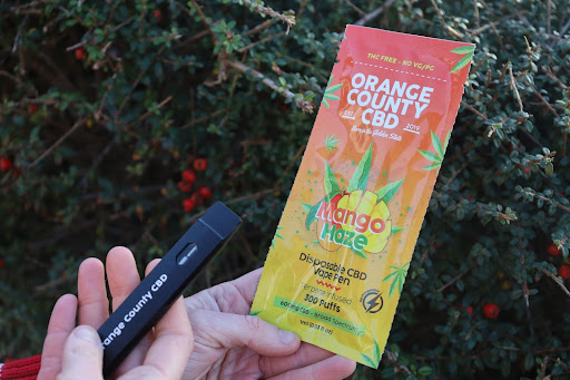 orange county cbd orange and yellow mango haze plastic packaging and black disposable vape pen in front of a red berry bush