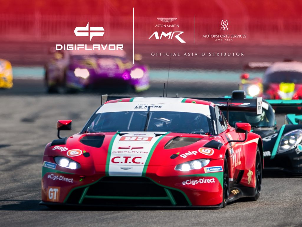 Red and white Digiflavor sponsored  Aston Martin race car on the Asian Le Mans Series 2022 circuit