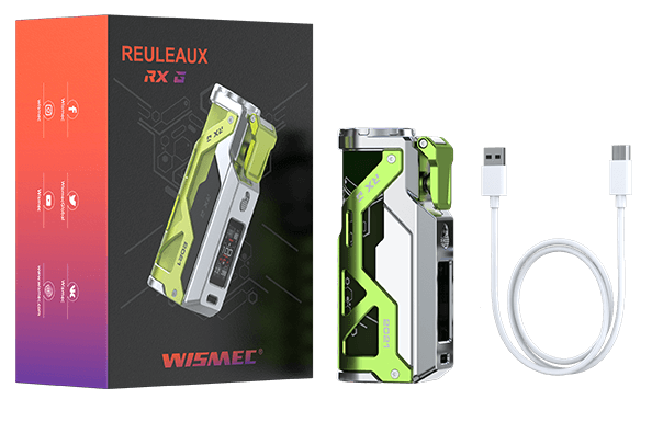 wismec reuleaux rx g green and silver vape mod, usb-c charging cable and exterior box 