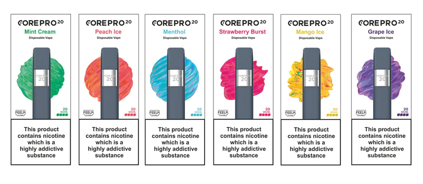six corepro disposable external packaging featuring the gunmental grey corepro disposable in 20mg nicotine