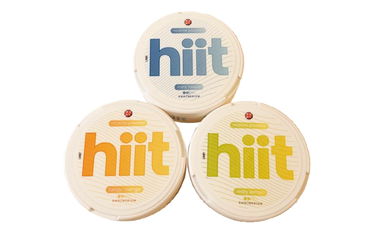 three Hiit Pouches in plastic containers in blue, orange and yellow colours. Nicotine pouches in flavours mint freeze, tangy mango and zesty lemon