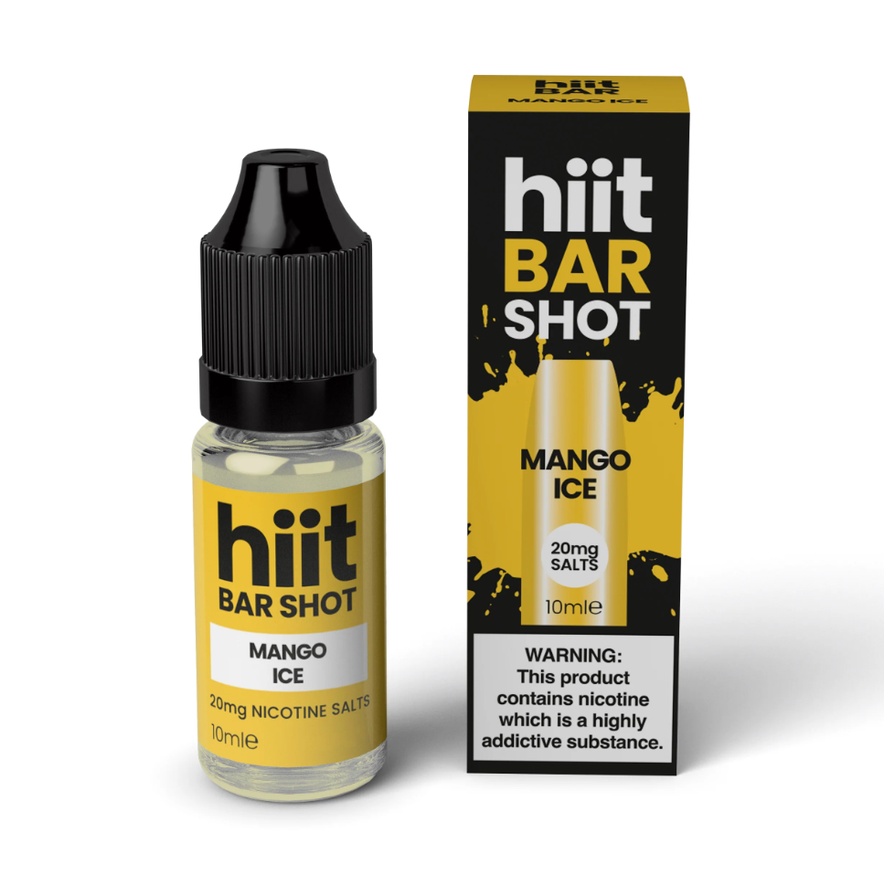 yellow hiit bar shot 10ml e-liquid bottle with black cap - mango ice flavour 20mg salt nicotine