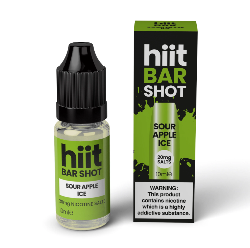 green hiit bar shot 10ml e-liquid bottle with black cap - sour apple ice flavour 20mg salt nicotine