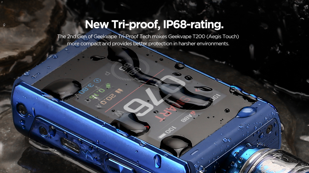 geekvape t200 aegis touch with tri-proof features for harsher conditions - water droplets on the t200 touch screen