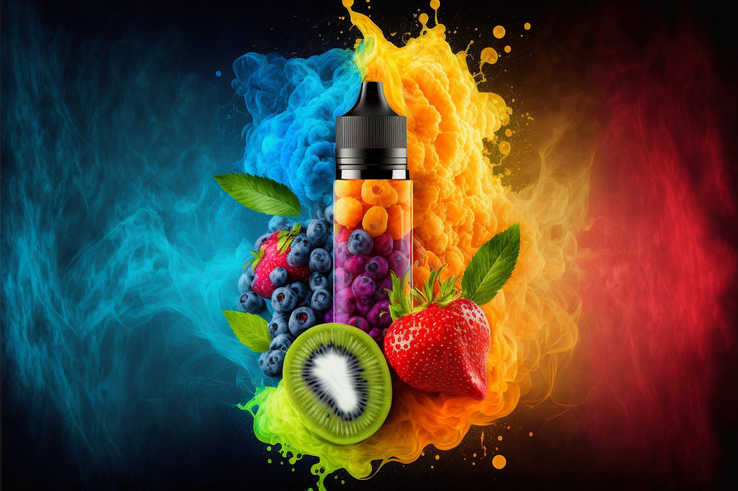 Colourful background wallpaper featuring, strawberries, kiwids, blueberries and other fruits around and inside a clear vape liquid bottle