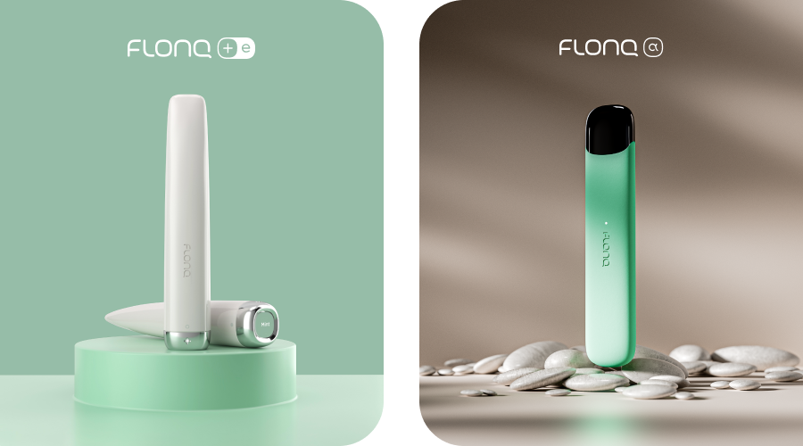flonq plus e and flonq max e vape devices displayed on a green background