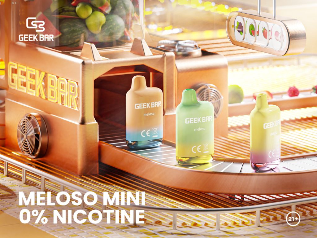 geekbar meloso mini zero percent (0%)  nicotine vape disposable range on a conveyer belt